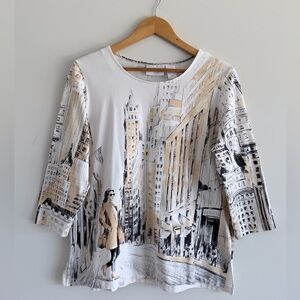 Alfred Dunner Cityscape Print Top Women L Travel Art Paris Chic Casual Blouse